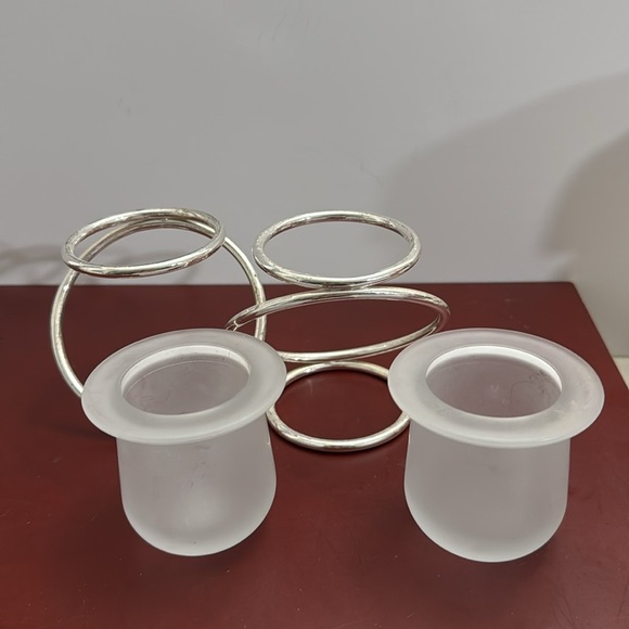 Vintage PartyLite 2 Frosted Glass candle holder silver plated metal intertwined - Picture 6 of 11